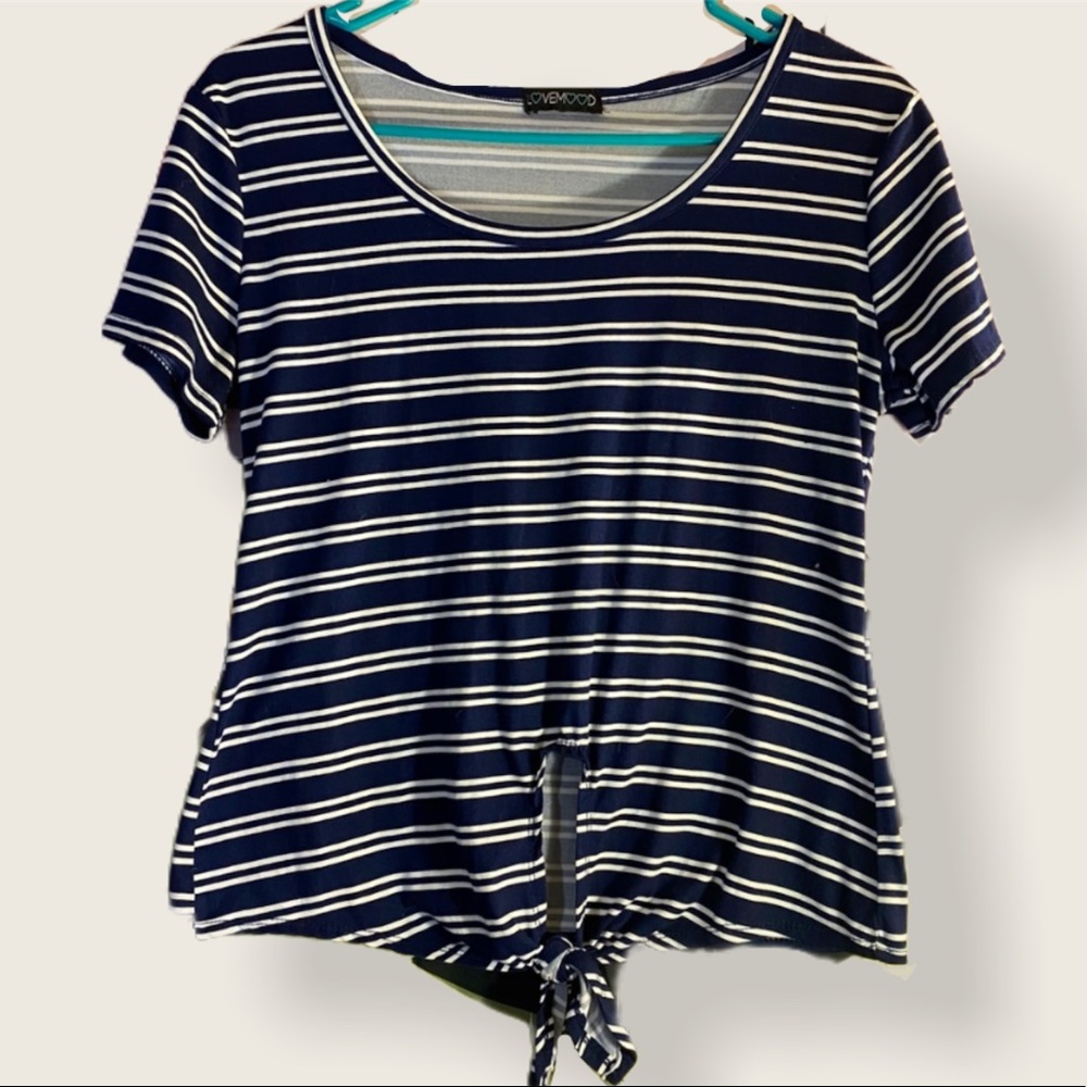 LoveMood Shirt Sleeve Blue Striped Tie Front Top